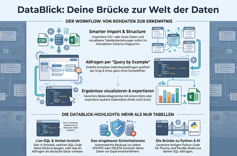 Illustration: Brücke zur Welt der Daten – DataBlick als Einstieg in relationale Datenbanken und SQL