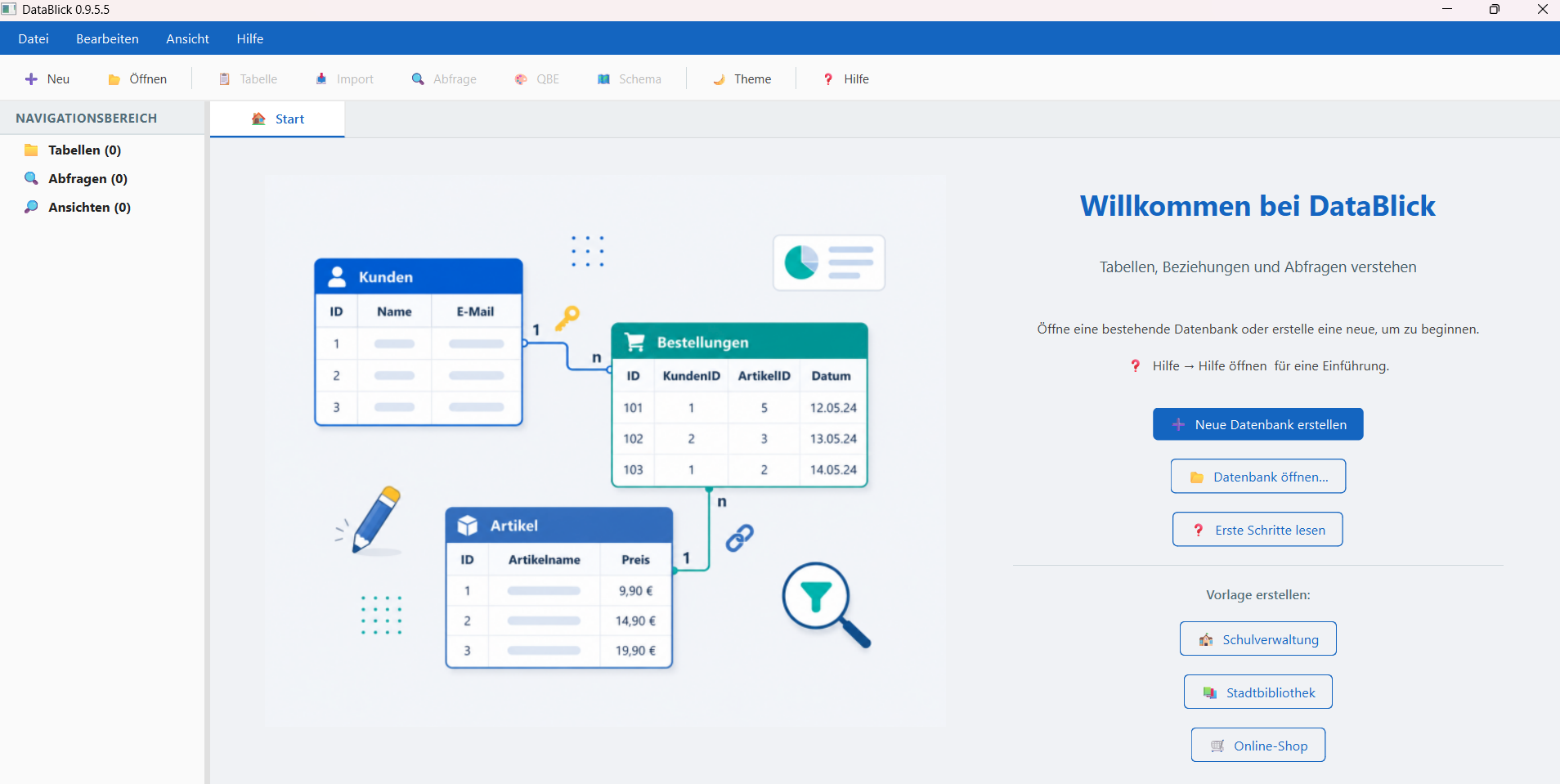 DataBlick Startseite mit Vorlagen-Datenbanken (Schulverwaltung, Stadtbibliothek, Online-Shop)